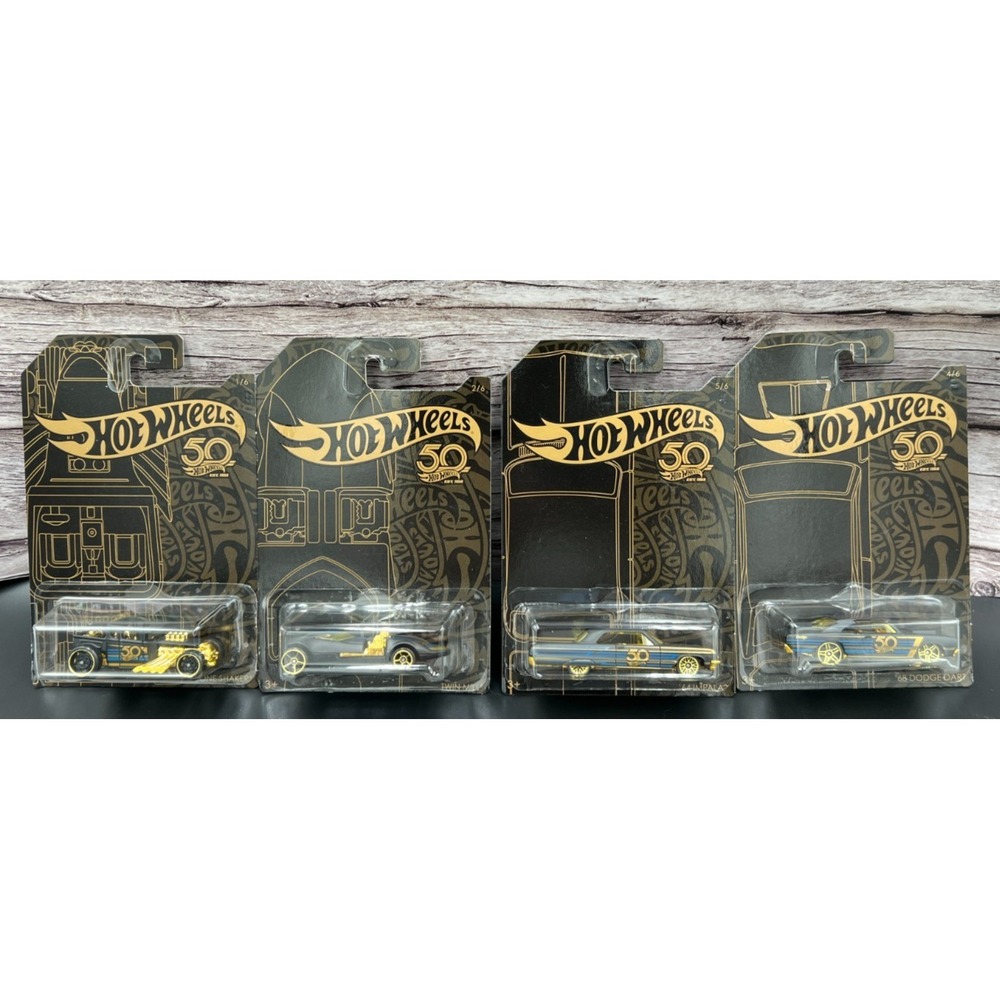 Hot Wheels ~ Set of 4 Black and Gold 2018 50th Anniversary Series Die Cast Cars